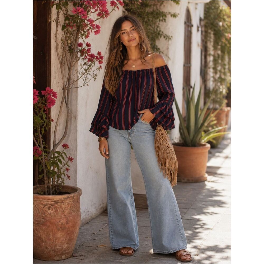 Anthropologie Peach Love  Navy Boho off the Shoulder Top with Orange  Stripes